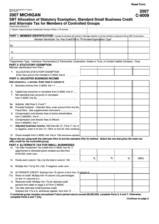 Form C-8009 - Michigan Sbt Allocation Of Statutory Exemption, Standard Small Business Credit And Alternate Tax For Members Of Controlled Groups - 2007
