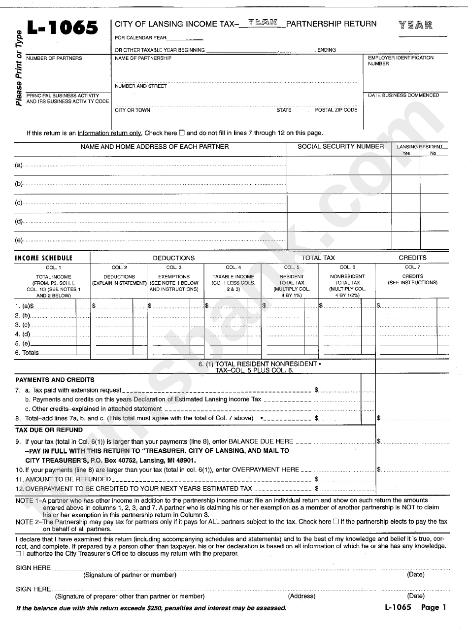 Form L-1065 - City Of Lansing Income Tax Partnership Return