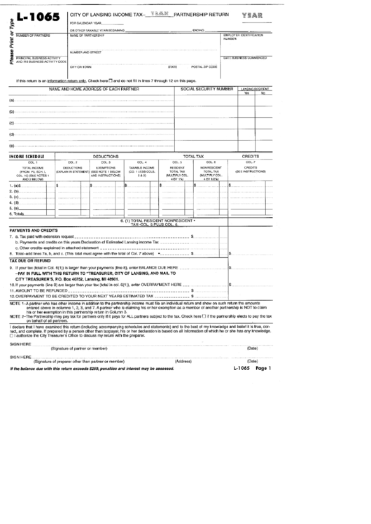 Form L-1065 - City Of Lansing Income Tax Partnership Return Printable pdf
