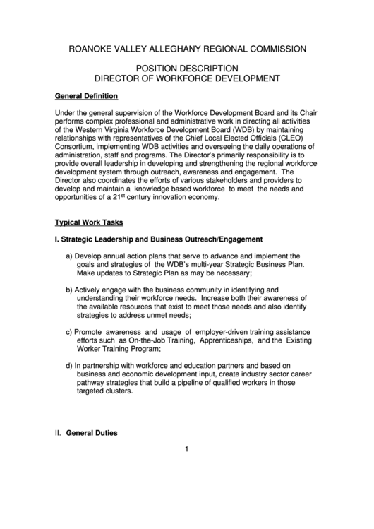 Position Description Director Of Workforce Development - Roanoke Valley Alleghany Regional Commission Printable pdf