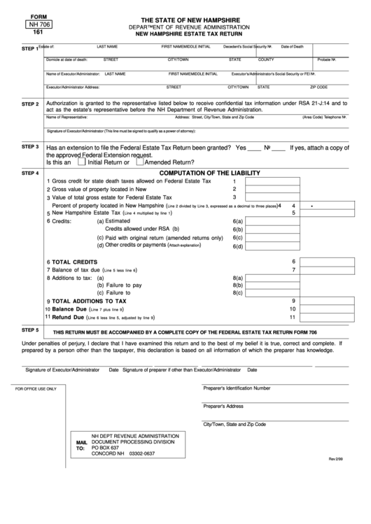 Form Nh 706 - New Hampshire Estate Tax Return Printable pdf