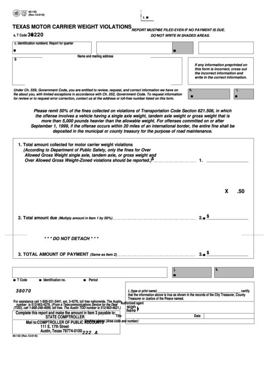 Fillable Form 40-132 - Texas Motor Carrier Weight Violations Printable 