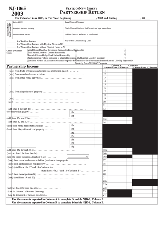 Form Nj-1065 - New Jersey Partnership Return - 2003 Printable pdf