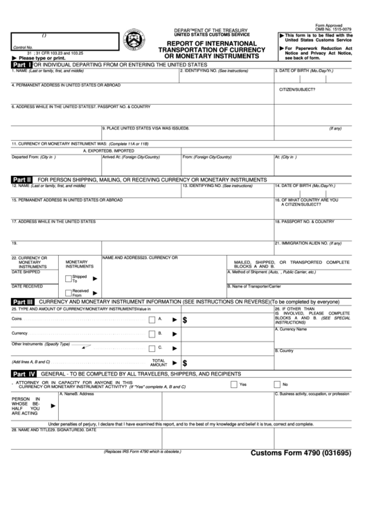 Customs Form 4790 (031695) - Report Of International Transportation Of Currency Or Monetary Instruments