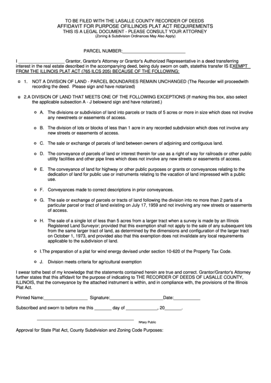Fillable Affidavit For Purpose Of Illinois Plat Act Requirements Printable pdf