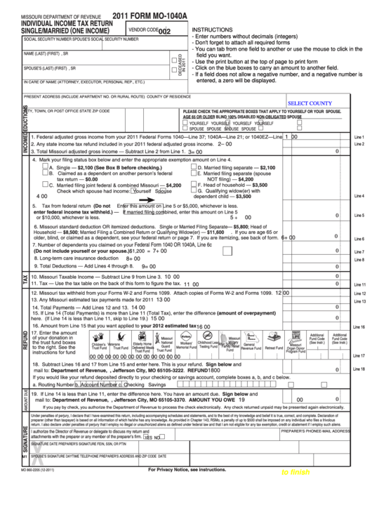 Form Mo-1040a - Individual Income Tax Return Single/married (one Income) - 2011