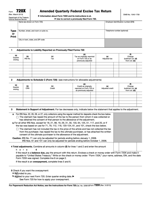 Fillable Form 720-X - Amended Quarterly Federal Excise Tax Return Printable pdf