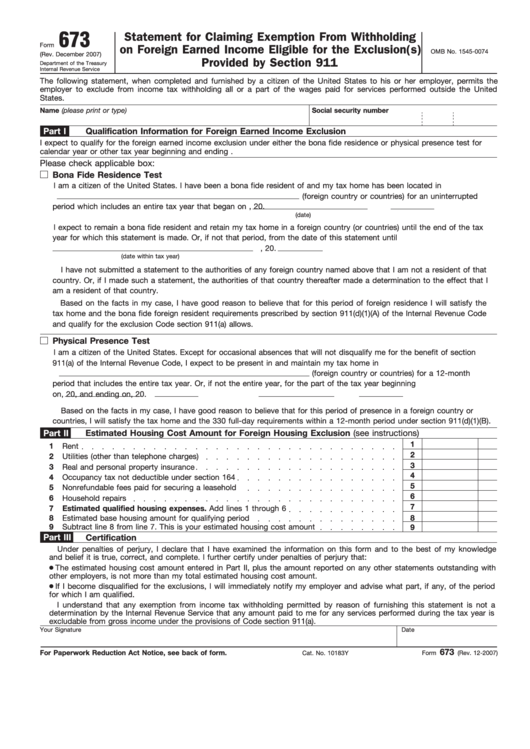 Fillable Form 673 - Statement For Claiming Exemption From Withholding On Foreign Earned Income Eligible For The Exclusion(S) Provided By Section 911 Printable pdf
