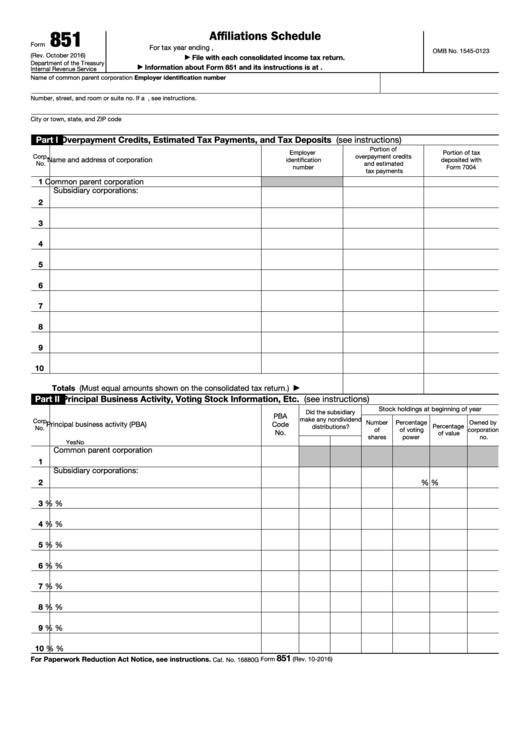 Fillable Form 851 - Affiliations Schedule Printable pdf