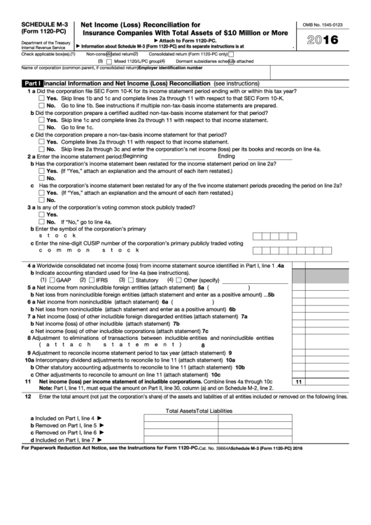 Fillable Schedule M-3 (Form 1120-Pc) - Net Income (Loss) Reconciliation For U.s. Property And Casualty Insurance Companies With Total Assets Of 10 Million Dollars Or More - 2016 Printable pdf