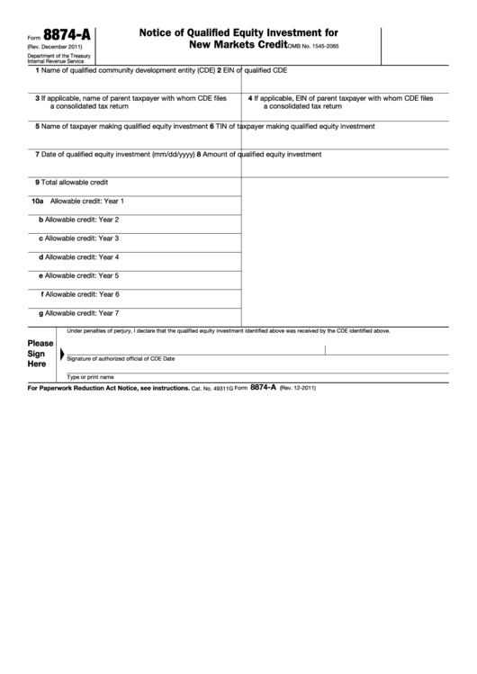 Fillable Form 8874-A - Notice Of Qualified Equity Investment For New Markets Credit Printable pdf