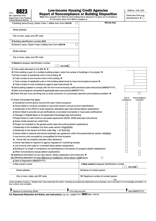 Fillable Form 8823 - Low-Income Housing Credit Agencies Report Of Noncompliance Or Building Disposition Printable pdf