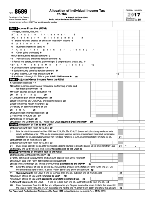 Fillable Form 8689 - Allocation Of Individual Income Tax To The U.s. Virgin Islands - 2016 Printable pdf