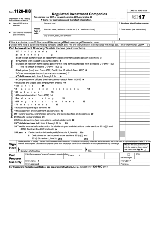 Fillable Form 1120-Ric - U.s. Income Tax Return For Regulated Investment Companies - 2016 Printable pdf