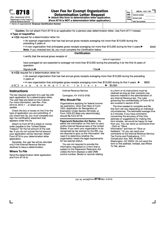 Fillable Form 8718 - User Fee For Exempt Organization Determination Letter Request Printable pdf