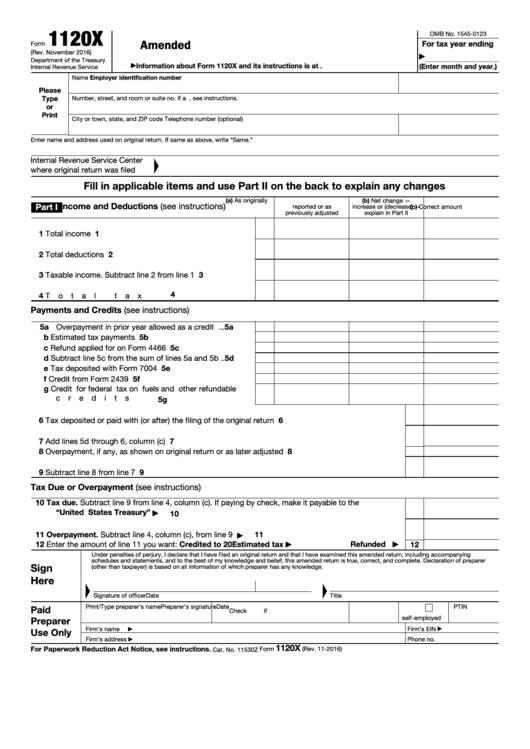 Fillable Form 1120-X - Amended U.s. Corporation Income Tax Return Printable pdf