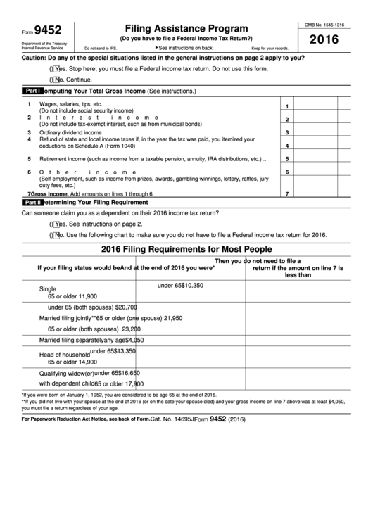 Fillable Form 9452 - Filing Assistance Program - 2016 Printable pdf