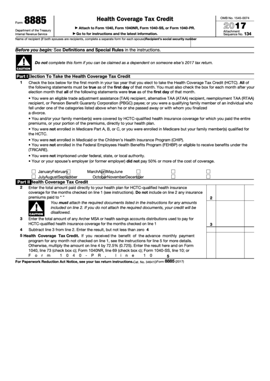 Fillable Form 8885 - Health Coverage Tax Credit - 2016 Printable pdf