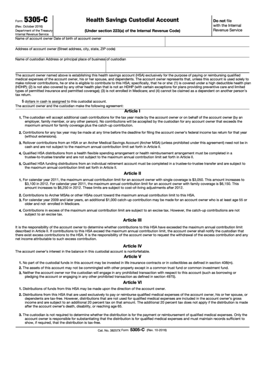 Fillable Form 5305-C - Health Savings Custodial Account Printable pdf