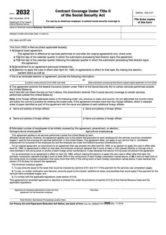 Fillable Form 2032 - Contract Coverage Under Title Ii Of The Social Security Act Printable pdf