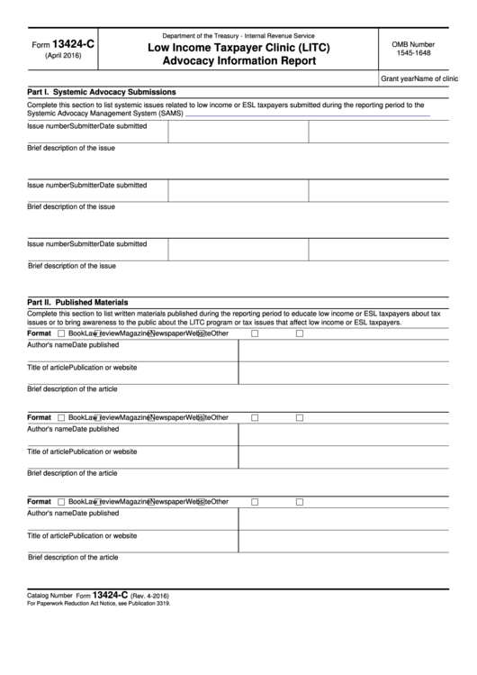 Fillable Form 13424-C - Low Income Taxpayer Clinic (Litc) Advocacy Information Report Printable pdf