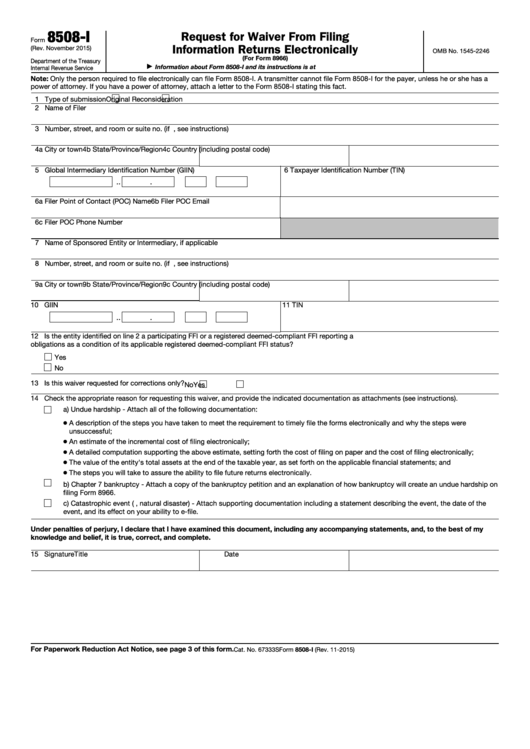 Fillable Form 8508-I - Request For Waiver From Filing Information Returns Electronically Printable pdf
