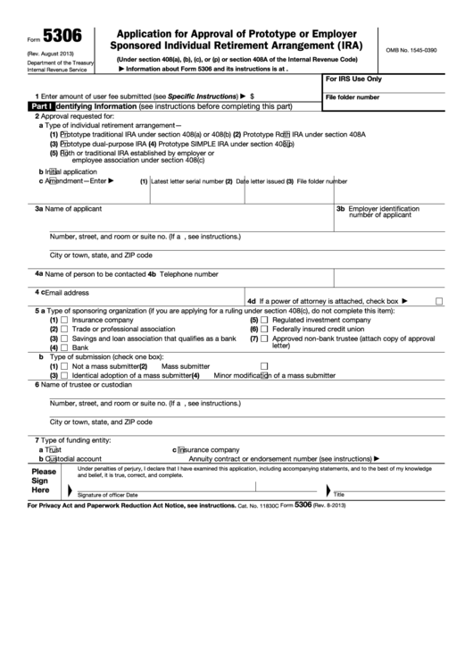 Fillable Form 5306 - Application For Approval Of Prototype Or Employer Sponsored Individual Retirement Arrangement (Ira) Printable pdf