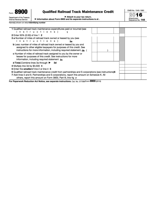Fillable Form 8900 - Qualified Railroad Track Maintenance Credit - 2016 Printable pdf