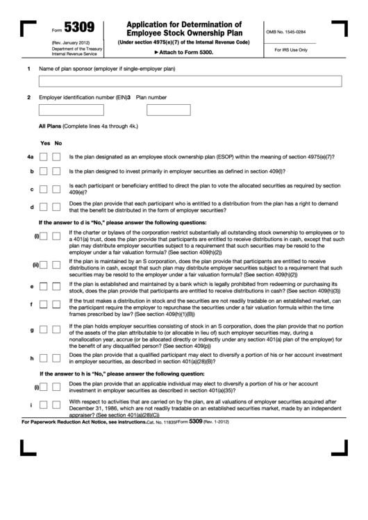 Fillable Form 5309 - Application For Determination Of Employee Stock Ownership Plan Printable pdf