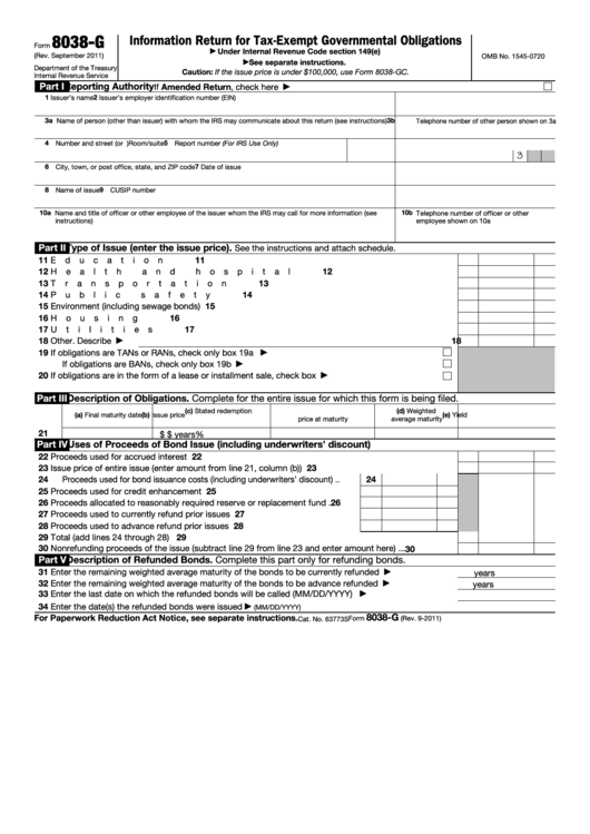 Fillable Form 8038-G - Information Return For Tax-Exempt Governmental Obligations Printable pdf