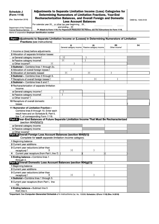 Fillable Schedule J (Form 1118) - Adjustments To Separate Limitation Income (Loss) Categories For Determining Numerators Of Limitation Fractions, Year-End Recharacterization Balances, And Overall Foreign Loss Account Balances Printable pdf