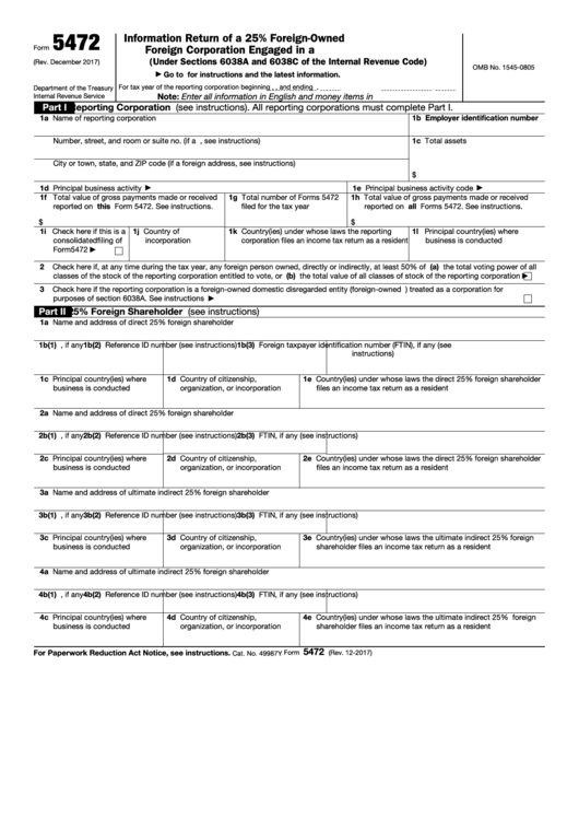 Fillable Form 5472 - Information Return Of A 25% Foreign-Owned U.s. Corporation Or A Foreign Corporation Engaged In A U.s. Trade Or Business Printable pdf