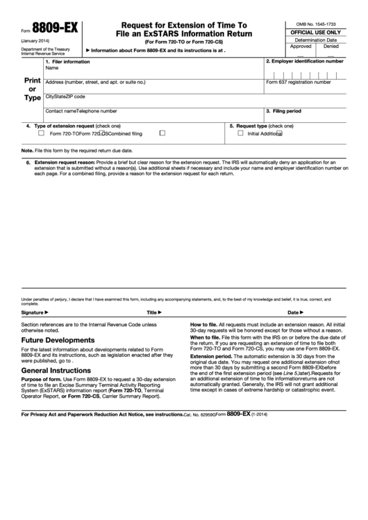 Fillable Form 8809-Ex - Request For Extension Of Time To File An Exstars Information Return (For Form 720to Or Form 720cs) Printable pdf