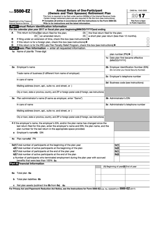 Fillable Form 5500-Ez - Annual Return Of One Participant (Owners And Their Spouses) Retirement Plan - 2016 Printable pdf