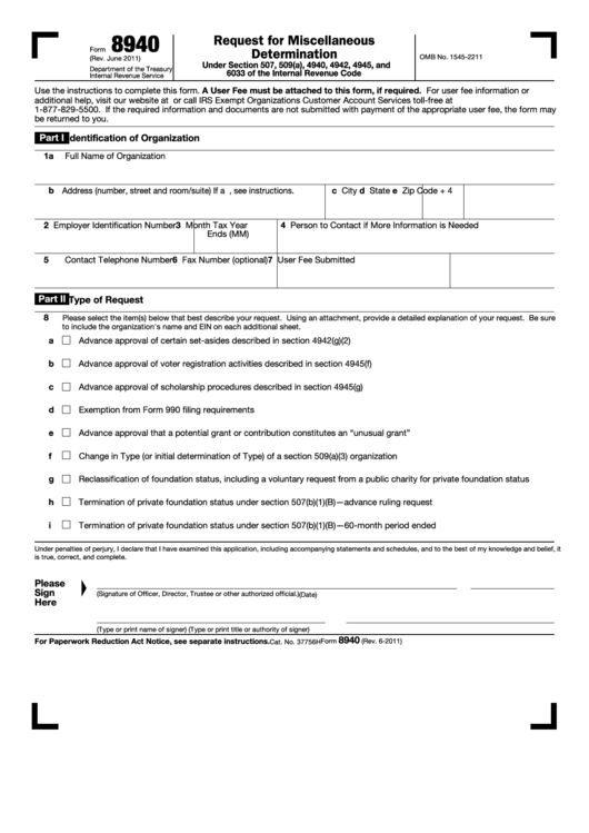 Fillable Form 8940 - Request For Miscellaneous Determination Printable pdf