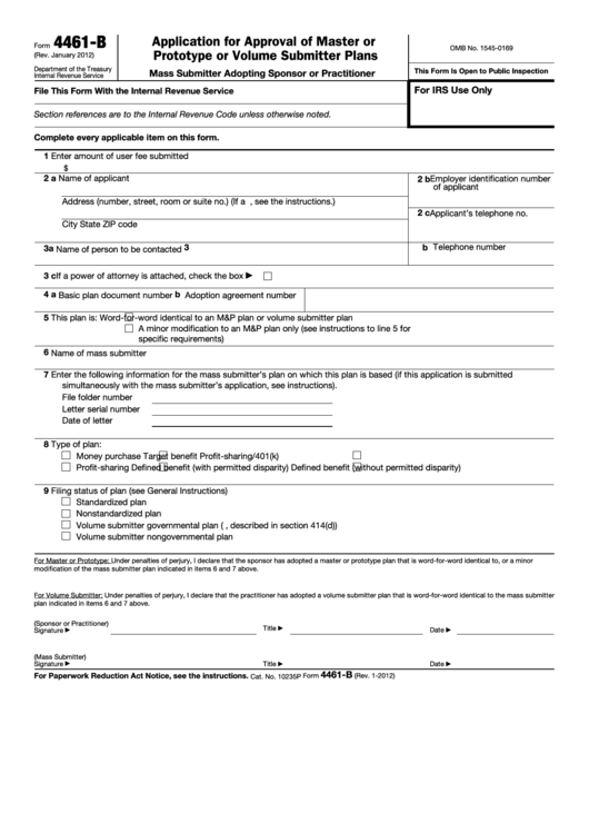 Fillable Form 4461-B - Application For Approval Of Master Or Prototype Or Volume Submitter Plans Printable pdf