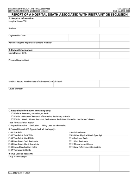 Fillable Form Cms-10455 - Report Of A Hospital Death Associated With Restraint Or Seclusion Printable pdf
