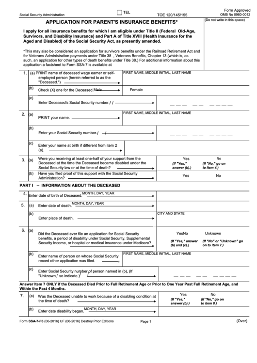 Fillable Form Ssa-7-F6 - Application For Parent
