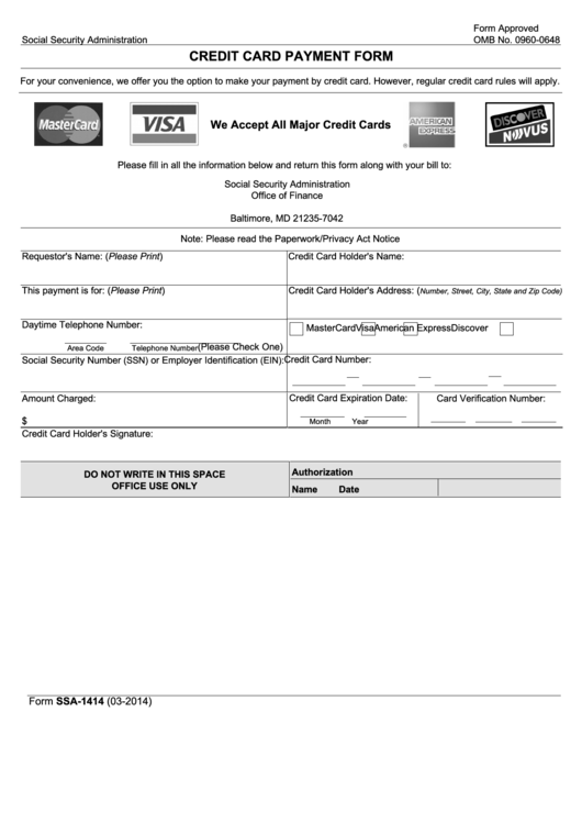 Form Ssa-1414 - Credit Card Payment Form Printable pdf