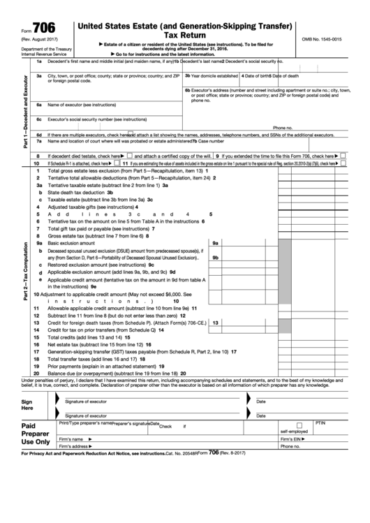 Fillable Form 706 - United States Estate (And Generation-Skipping Transfer) Tax Return Printable pdf