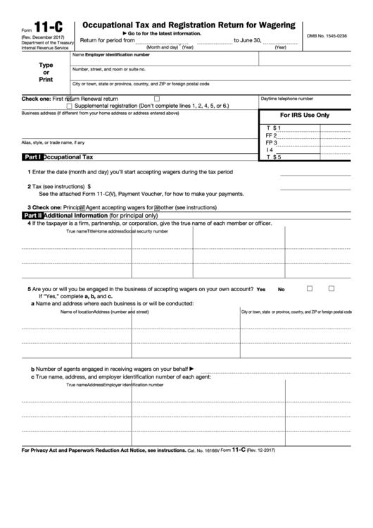 Fillable Form 11-C - Occupational Tax And Registration Return For Wagering Printable pdf