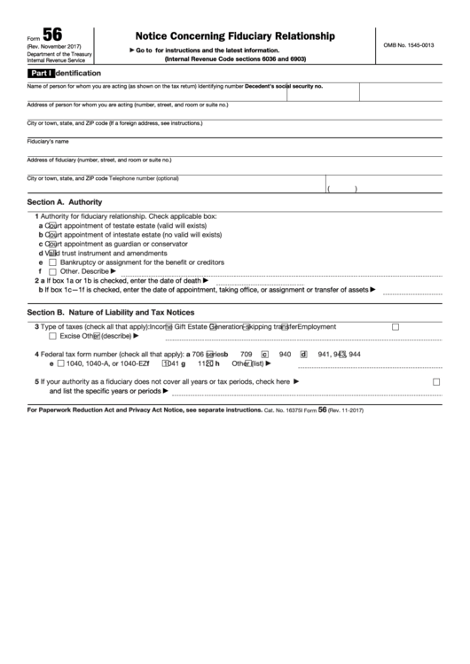 Fillable Form 56 - Notice Concerning Fiduciary Relationship Printable pdf