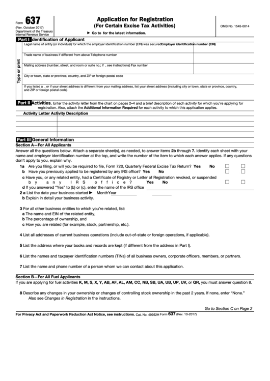 Fillable Form 637 - Application For Registration (For Certain Excise Tax Activities) Printable pdf