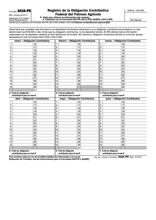Fillable Formulario 943a-Pr - Registro De La Obligation Contributiva Federal Del Patrono Agricola (Spanish Version) Printable pdf