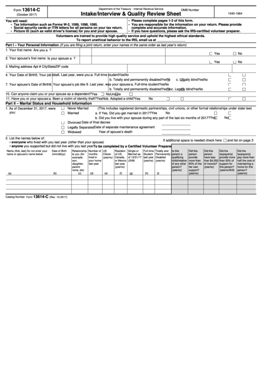 Fillable Form 13614-C - Intake/interview & Quality Review Sheet Printable pdf