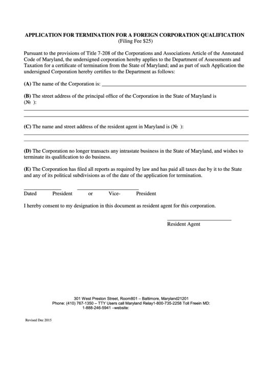 Fillable Application For Termination For A Foreign Corporation Qualification - 2015 Printable pdf