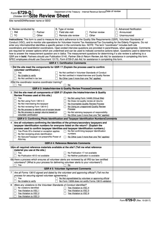 Fillable Form 6729-D - Site Review Sheet Printable pdf