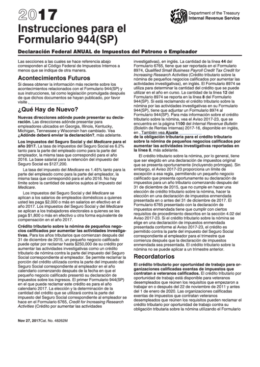 Instrucciones Para El Formulario 944(sp) - Declaracion Federal Anual De Impuestos Del Patrono O Empleador (spanish Version) - 2017