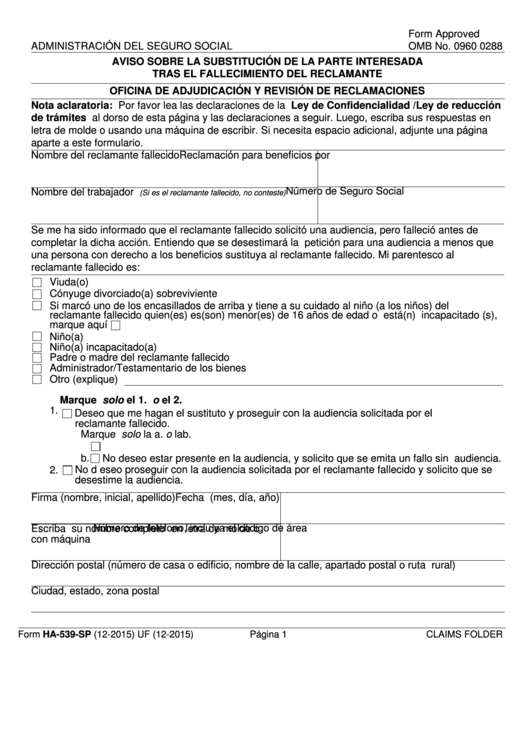 Form Ha-539-Sp - Aviso Sobre La Substitucion De La Parte Interesada Tras El Fallecimiento Del Reclamante (Spanish Version) Printable pdf