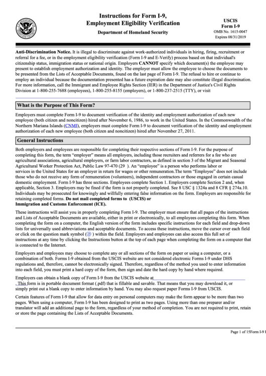 Instructions For Employment Eligibility Verification (Form I-9) Printable pdf